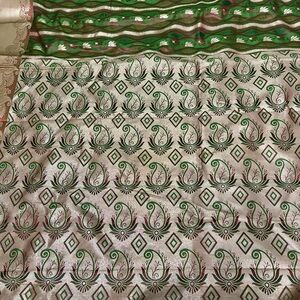 Ethnic Indian Wear Banarasi Katan Silk Green, Red and Cream Saree